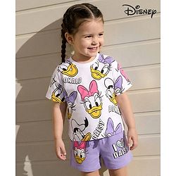 Babyhug Disney Single Jersey Knit Half Sleeves Oversize Drop Shoulder Half Sleeves T-Shirt & Shorts With Daisy Duck Graphic - Purple