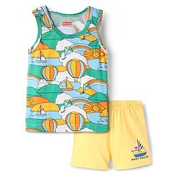 Babyhug 100% Cotton Single Jersey Knit Sando & Shorts Set With Boat Print - Yellow & Green