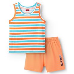 Babyhug 100% Cotton Single Jersey Knit Sleeveless Sando & Shorts Set With Stripes - Orange & Light Blue