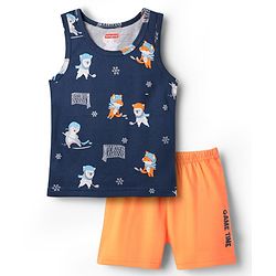 Babyhug 100% Cotton Single Jersey Knit Sleeveless Sando & Shorts Set With Animal Print - Navy Blue & Orange