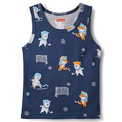 Babyhug 100% Cotton Single Jersey Knit Sleeveless Sando & Shorts Set With Animal Print - Navy Blue & Orange