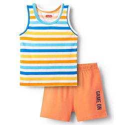 Babyhug 100% Cotton Single Jersey Knit Sleeveless Sando & Shorts Set With Stripes - Yellow & Orange