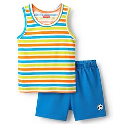 Babyhug 100% Cotton Single Jersey Knit Sleeveless Sando & Shorts Set With Stripes - Blue & Lime