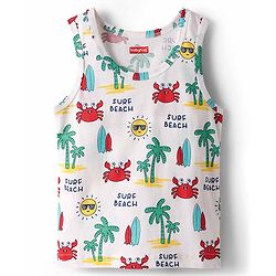Babyhug 100% Cotton Single Jersey Knit Sleeveless Sando & Shorts Set With Beach Theme Print - Red & White