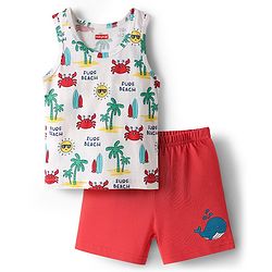Babyhug 100% Cotton Single Jersey Knit Sleeveless Sando & Shorts Set With Beach Theme Print - Red & White
