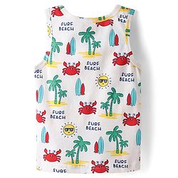 Babyhug 100% Cotton Single Jersey Knit Sleeveless Sando & Shorts Set With Beach Theme Print - Red & White