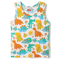 Babyhug 100% Cotton Single Jersey Knit Sleeveless Sando & Shorts Set With Dino Print - Yellow & White