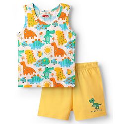 Babyhug 100% Cotton Single Jersey Knit Sleeveless Sando & Shorts Set With Dino Print - Yellow & White