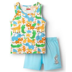 Babyhug 100% Cotton Single Jersey Knit Sleeveless Sando & Shorts Set With Animal Print - White & Light Blue