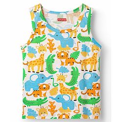 Babyhug 100% Cotton Single Jersey Knit Sleeveless Sando & Shorts Set With Animal Print - White & Light Blue