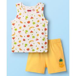Babyhug 100% Cotton Single Jersey Knit Sleeveless Sando & Shorts Set With Tropical Theme - Yellow & White