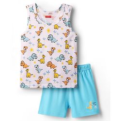 Babyhug 100% Cotton Single Jersey Knit Sleeveless Sando & Shorts Set With Dino Print - White & Light Blue