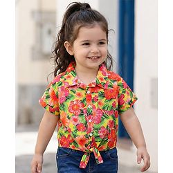 Babyhug Poplin Woven Half Sleeves Collared Knotted Top with Floral Print - Yellow