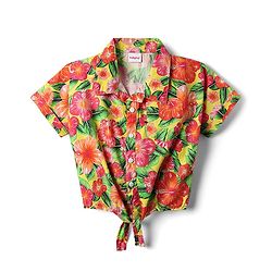 Babyhug Poplin Woven Half Sleeves Collared Knotted Top with Floral Print - Yellow