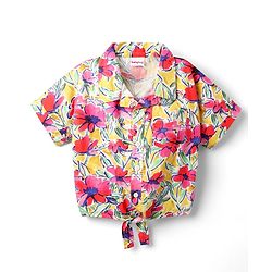 Babyhug Poplin Woven Half Sleeves Collard Knotted Crop Top with Floral Print - Pink