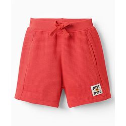 Babyhug Terry Cotton Knit Knee Length Shorts With Text Print - Red