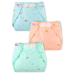 Babyhug Waterproof Nappy with Terry Inner Layer Small Size Set of 3 - Dolphin Print| Reusable| Easy to Clean and Maintain| Adjustable Velcro Closure