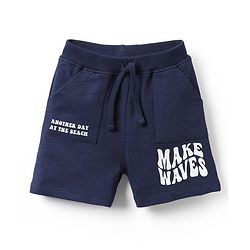 Babyhug Terry Cotton Knit Knee Length Shorts With Text Print - Navy Blue