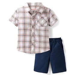 Babyhug Cotton Woven Half Sleeves Checks Shirt & Shorts Set - Beige & Navy Blue