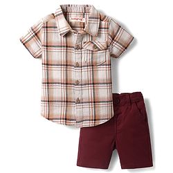 Babyhug Cotton Woven Half Sleeves Checkered Shirt & Shorts Set - Maroon