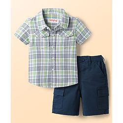 Babyhug Cotton Knit Half Sleeves Shirt & Shorts Set with Checks - Light Blue & Navy Blue
