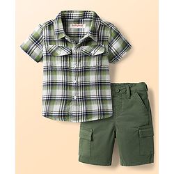 Babyhug 100% Cotton Knit Half Sleeves Shirt & Shorts Set with Checks - Olive Green