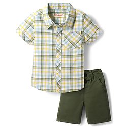 Babyhug Cotton Woven Half Sleeves Checkered Shirt & Shorts Set - Green