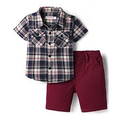 Babyhug Cotton Knit Half Sleeves Shirt & Shorts Set with Checks - Maroon & Navy Blue