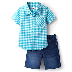 Babyhug Cotton  Woven Half Sleeves Shirt & Shorts Set with Checks  -  Light Blue