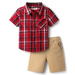 Babyhug Cotton Woven Half Sleeves Shirt & Shorts Set with Checks - Red & Tan
