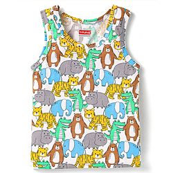 Babyhug 100% Cotton Knit Sleeveless Sando With Animal Print - White