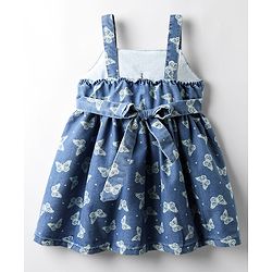 Babyhug Cotton Woven Sleeveless Frock With Butterfly Print & Bow Applique - Blue