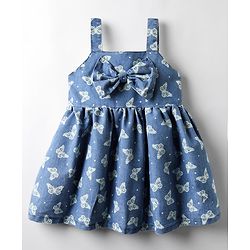 Babyhug Cotton Woven Sleeveless Frock With Butterfly Print & Bow Applique - Blue