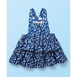 Babyhug Cotton Knit Frock & Half Sleeves Inner Tee With Floral Print & Lace Detailing - Navy Blue & White