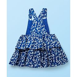 Babyhug Cotton Knit Frock & Half Sleeves Inner Tee With Floral Print & Lace Detailing - Navy Blue & White