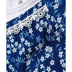 Babyhug Cotton Knit Frock & Half Sleeves Inner Tee With Floral Print & Lace Detailing - Navy Blue & White