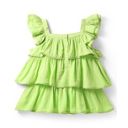 Babyhug Crinkled Crepe Woven Frill Sleeves Layered Top with Lace Detailing - Light Green