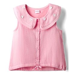 Babyhug Crinkled Crepe Woven Sleeveless Textured Peter Pan Collared Top with Floral Applique - Pink