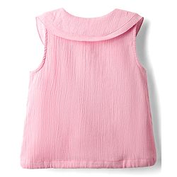Babyhug Crinkled Crepe Woven Sleeveless Textured Peter Pan Collared Top with Floral Applique - Pink