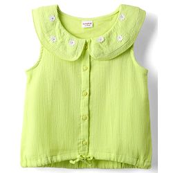 Babyhug Crinkled Crepe Woven Sleeveless Textured Peter Pan Collared Top with Floral Floral Applique - Light Green