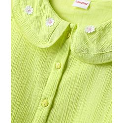 Babyhug Crinkled Crepe Woven Sleeveless Textured Peter Pan Collared Top with Floral Floral Applique - Light Green