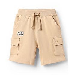 Babyhug Terry Cotton Knit Mid Thigh Shorts With Text Print & Side Pocket - Beige