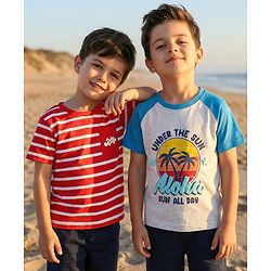 Babyhug Cotton Knit Half Sleeves T-Shirts With Stripes & Aloha Text Print Pack Of 2 - Red & Blue