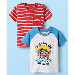 Babyhug Cotton Knit Half Sleeves T-Shirts With Stripes & Aloha Text Print Pack Of 2 - Red & Blue