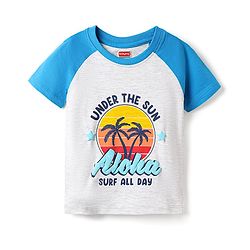 Babyhug Cotton  Knit Half Raglan Sleeves With Under The Sun Text Print - White & Blue