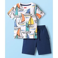 Babyhug Single Jersey Knit Half Sleeves T-Shirt & Shorts Set with Ship Print - Navy Blue & White