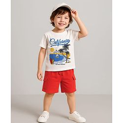 Babyhug Single Jersey Knit Half Sleeves T-Shirt & Shorts Set with Beach Theme Print - Red & White