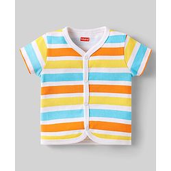 Babyhug 100% Cotton Knit Half Sleeves Front Open jhabla With Stripes & Animal Print Pack Of 3 - Orange Navy Blue & Yellow