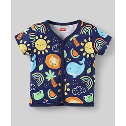 Babyhug 100% Cotton Knit Half Sleeves Front Open jhabla With Stripes & Animal Print Pack Of 3 - Orange Navy Blue & Yellow
