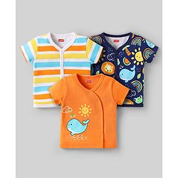 Babyhug 100% Cotton Knit Half Sleeves Front Open jhabla With Stripes & Animal Print Pack Of 3 - Orange Navy Blue & Yellow